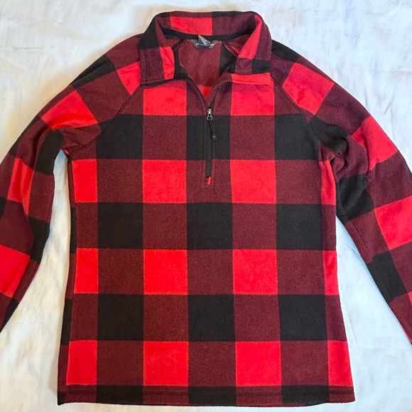 NWOT Women’s Small Eddie Bauer Quest Fleece Plaid 1/4 Zip Pullover Red Black - Picture 1 of 8